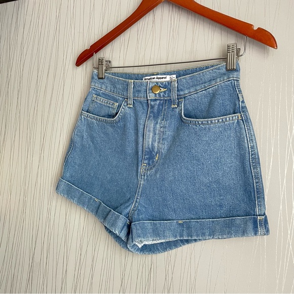 American Apparel High Rise Hi Waisted Denim Cuffed Jean Shorts Summer Wash Blue - Picture 4 of 11